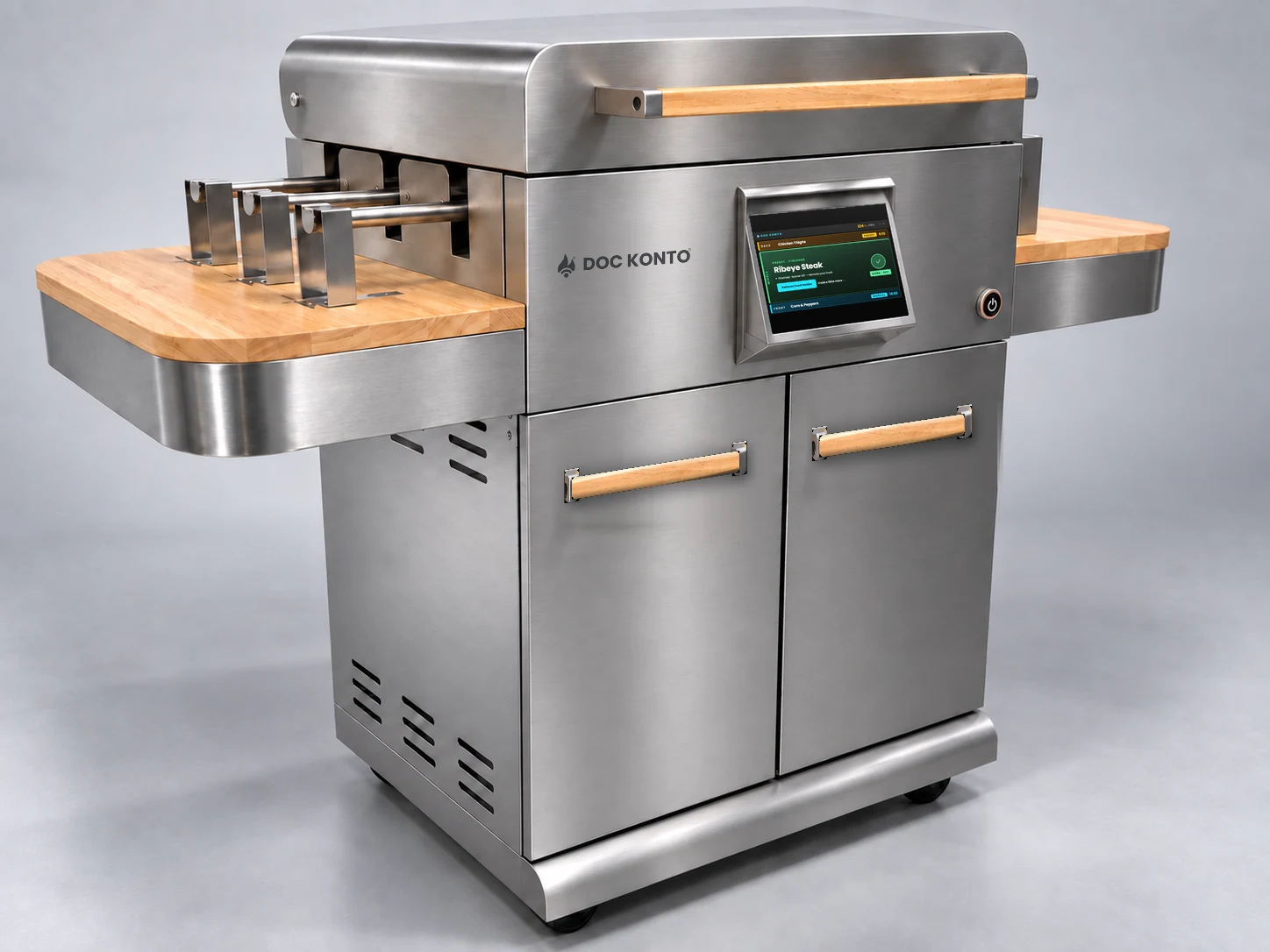 SmartBBQ concept render showing its stainless-steel body, food-holder drive connections and integrated touchscreen